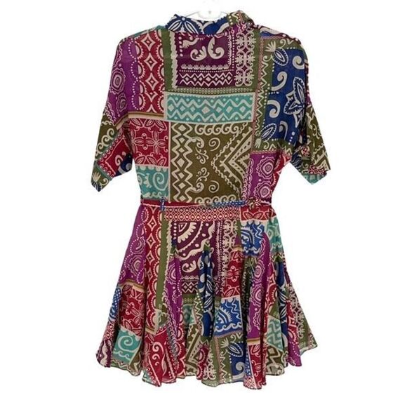 Dress Forum Womens Patchwork Paisley Flared Hem Mini Dress Multicolor Small NWT - Picture 4 of 11